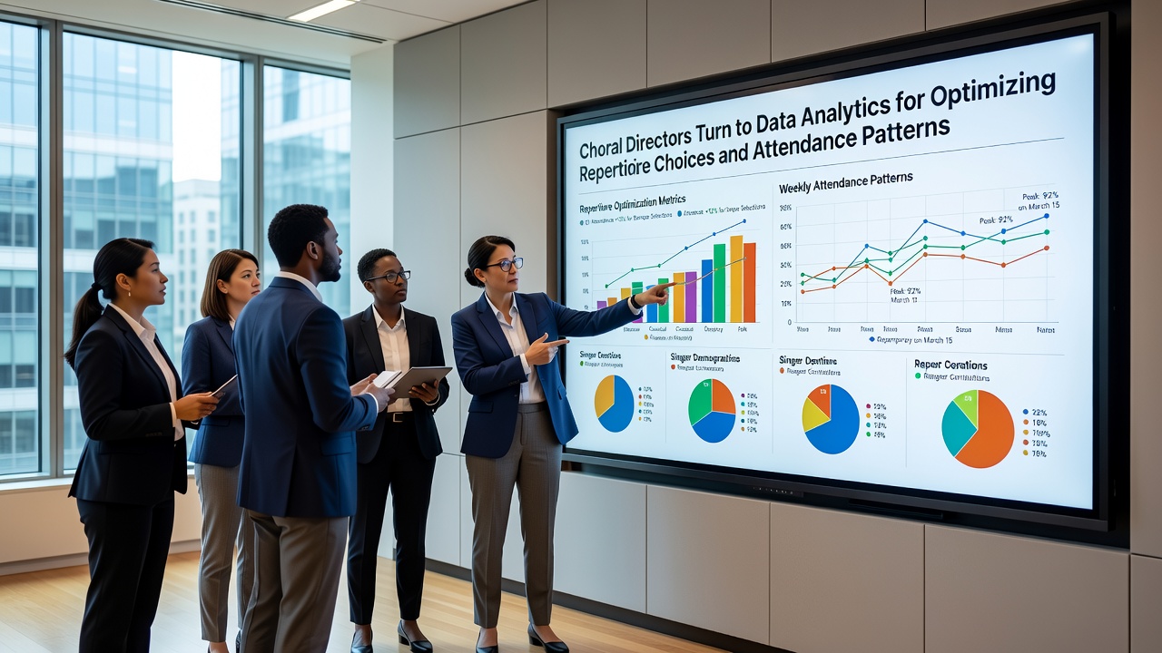Data visualization screen displaying choral attendance trends and repertoire performance metrics