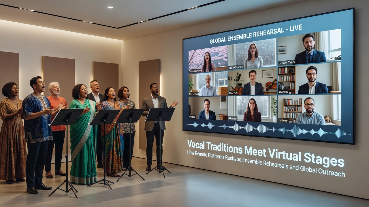 Global choir members on a split-screen virtual stage during an outreach performance connecting singers from different countries
